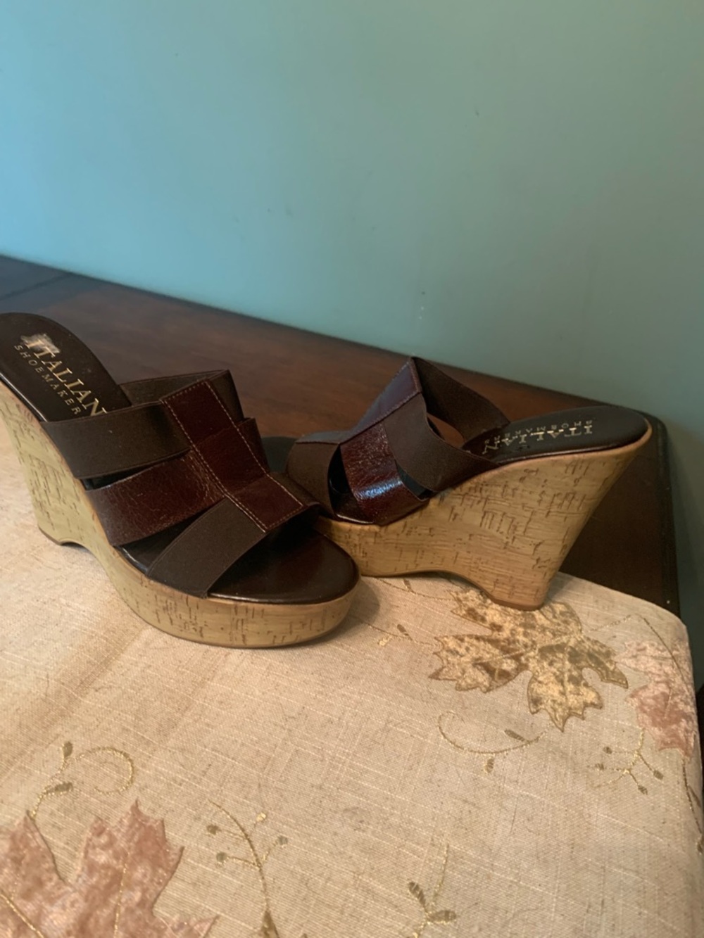 Italian Shoemakers Dark Brown Leather & Elastic Wedge Sandals
